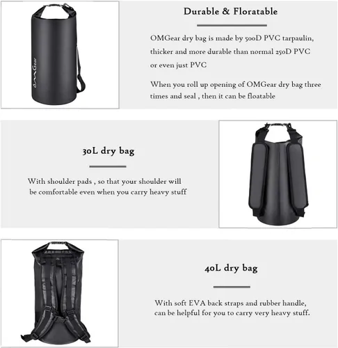 Miniatura 4 de OMGear - Bolsa seca impermeable y bolsa para teléfono, bolsa flotante de 40L/30L/20L/10L/5L para kayak, navegación, actividades al aire libre