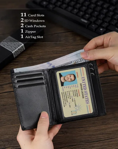 Miniatura 17 de Swallowmall AirTag Billetera para hombre con bloqueo RFID, de piel auténtica, plegable, para AirTag con 1 ventana de identificación, 13 tarjeteros