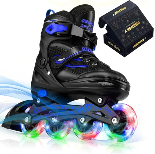 Patines en línea ajustables para niños y niñas de 4 a 12 años, cuchillas de patines para niños con ruedas completamente iluminadas, divertidos azul