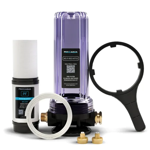 PRO+AQUA Kit de regeneración/filtración de 2 etapas para ablandadores de agua portátiles, elimina cloro, mal sabor, olores, sedimentos, bacterias,