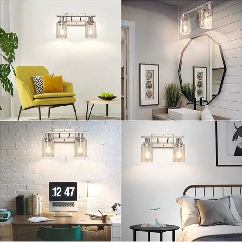 Miniatura 4 de ShineTech Lámparas de baño de 2 luces, modernas luces de tocador con pantalla de vidrio transparente, luz de tocador de baño de níquel cepillado