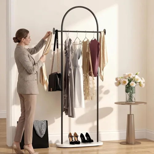 Perchero de ropa negro, perchero moderno con estante, perchero independiente resistente, soporte de metal con ganchos para oficina boutique