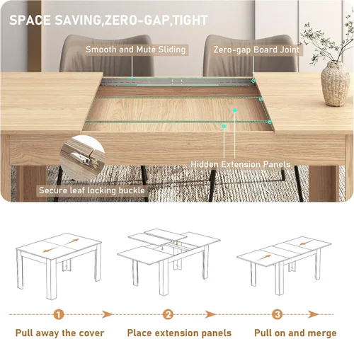 Miniatura 3 de Mesa de comedor extensible de 59 a 86 pulgadas para 6 a 10 personas, mesa de comedor de madera, mesa extensible moderna para reuniones, reuniones