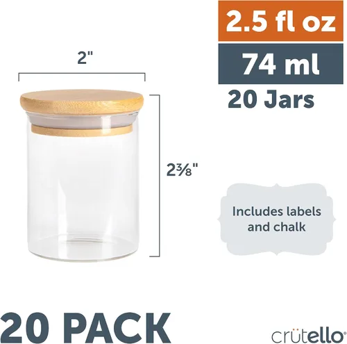 Miniatura 6 de Crutello Paquete de 20 mini tarros de especias de 2.5 onzas con tapas de bambú, tarros aptos para lavavajillas para especias, miel, frijoles, arroz