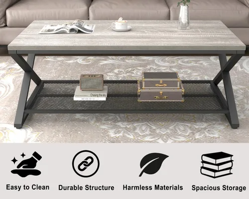 Miniatura 5 de LVB Mesa de Centro Gris, Mesa Central de Madera y Metal Estilo Granja con Almacenamiento para Sala de Estar, Mesa de Cóctel y Té Rectangular