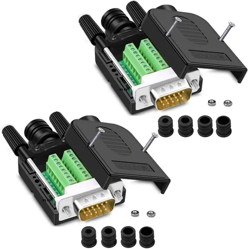 Miniatura 8 de 2 unids hembra VGA sin soldadura conector rápido 0.630 in más delgado 3+9 DB15 3 fila enchufe serie a 15 pines terminal de puerto hembra adaptador