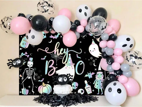 Miniatura 3 de Avezano Cartel de fondo de Halloween de Hey Boo de 7 x 5 pies, pancarta espeluznante de Little Boo, decoraciones para fiestas de Halloween para Negro