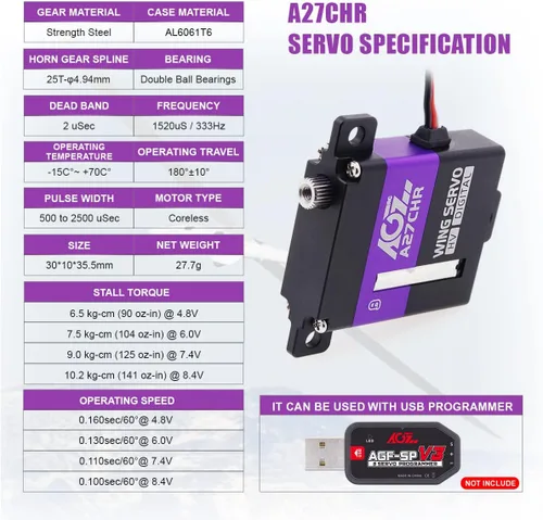 Miniatura 2 de AGFRC Servo micro de alto par de torsión de 22.5 lbs - Servo servomotor digital CNC delgado sin núcleo de engranaje digital para planeador de avión