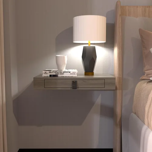 Miniatura 8 de Juego de 2 estantes flotantes con cajón, mesita de noche para dormitorio, baño o cocina, estante de pared de 16 pies con almacenamiento, color gris