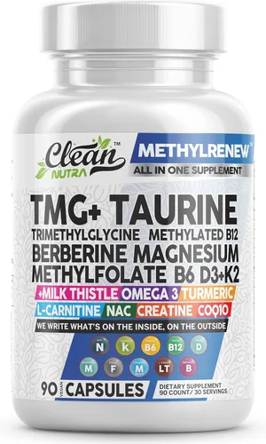 Clean Nutra TMG Supplements 1000mg | Multivitamínico metilado para mujeres y hombres | Taurina B6 Vitaminas B12 D3 K2 Trimetilglicina Magnesio