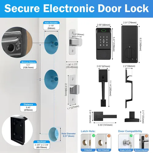 Miniatura 8 de Cerradura de puerta inteligente WiFi, entrada sin llave con puerta de enlace y asas, pantalla táctil, teclado de huellas dactilares, llave