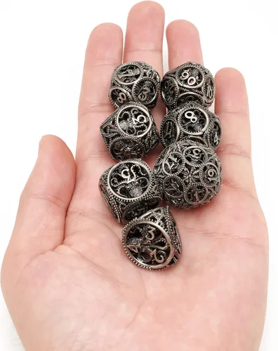 Miniatura 5 de Dados DND, dados de metal huecos D&D, juego de dados de mazmorras y dragones con caja de regalo, 7 piezas de juegos de dados poliédricos steampunk