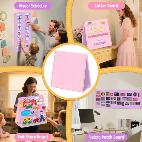 Miniatura 2 de AKAYOK Tablero de fieltro plegable – Tablero de historia de franela de doble cara para aprendizaje preescolar, narración interactiva y juego Rosa