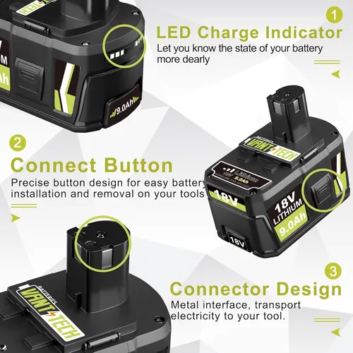 Miniatura 2 de VANTTECH Paquete de 2 unidades P109 de repuesto de litio de 9.0Ah para batería Ryobi de 18 V P102 P103 P104 P105 P107 P108 P109 compatible