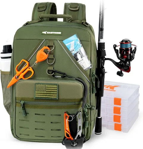 Miniatura 7 de KastKing KarryAll - Mochila para aparejos de pesca con soporte para caña, 4 cajas de aparejos, bolsa de aparejos de 40/26L, almacenamiento