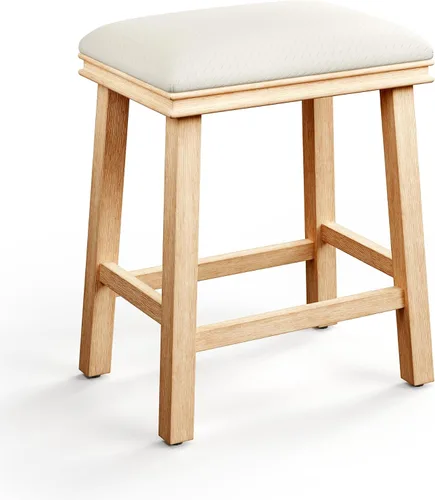 Miniatura 13 de MAISON ARTS Juego de 4 taburetes de bar grises para encimera de cocina, patas de madera maciza con asiento de silla de montar de piel sintética