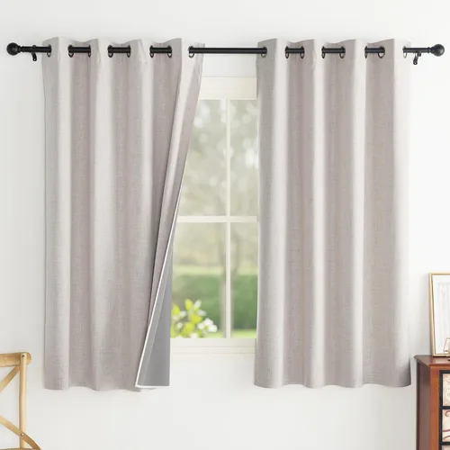 Miniatura 33 de PONY DANCE Juego de 2 paneles de cortinas de cocina beige de 45 pulgadas de largo, cortinas de lino 100% opacas para ventana pequeña, cortinas