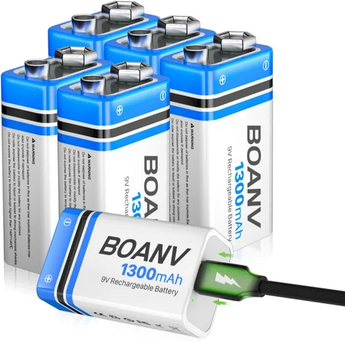 Miniatura 9 de 2 baterías recargables de 1300 mAh 9 V, batería recargable de litio USB de larga duración con cable de carga 2 en 1, para detectores de humo