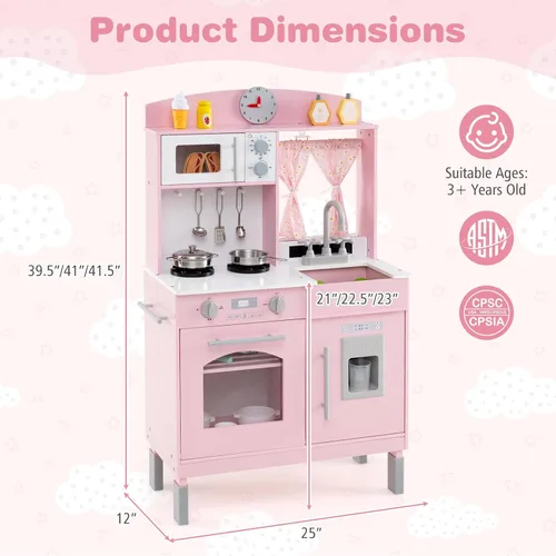 Miniatura 7 de Costzon Juego de Cocina para Niños, Juguetón de Madera de Pequeño Chef con 3 Alturas Ajustables, Barra de Toallas, Cortinas, Microondas, Estufas