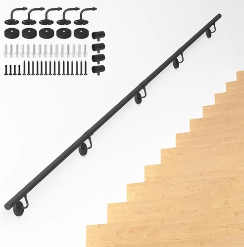 Miniatura 10 de Barandilla de escalera de metal industrial de 5 pies, barandilla de escalera de tubo redondo para escalones de interior/exterior, soporte de pared