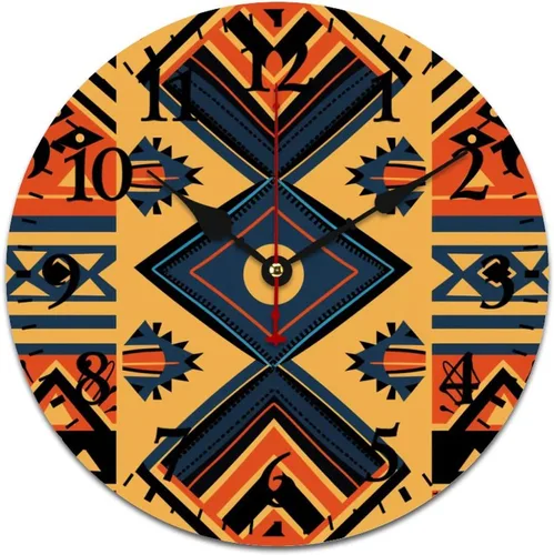 Miniatura 12 de Reloj de madera con motivo de arte tribal naranja brillante, turquesa, azul y azul, patrón tribal del suroeste, cuarzo decorativo de madera, sin