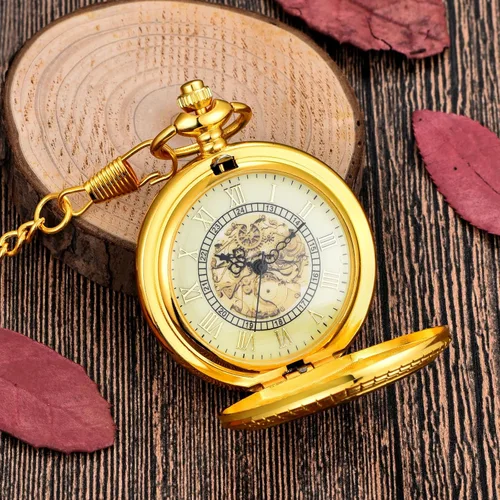 Miniatura 2 de Wood Grain Hollow Design Vintage Pocket Watch, Roman Numerals Scale Quartz Pocket Watch with Chain for Xmas Fathers Day GIF