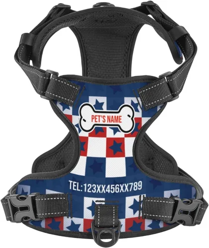 Miniatura 8 de Arnés personalizado para perro sin tirones, chaleco personalizado con bandera estadounidense para perro con número de teléfono y nombre de mascota