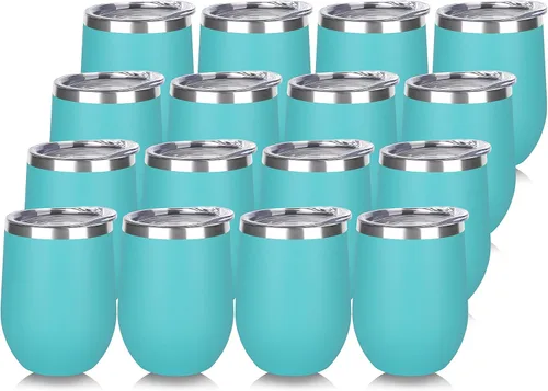 Miniatura 51 de DOMICARE - Juego de 8 vasos de vino de 12 onzas con tapa, hechos de acero inoxidable con aislamiento al vacío de doble pared, color celeste Azul