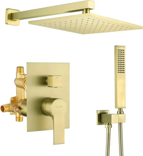 SHAMANDA Sistema de ducha de lluvia de latón, juego de grifo de ducha de baño de lujo en oro cepillado (incluye cuerpo de válvula rugosa y moldura),