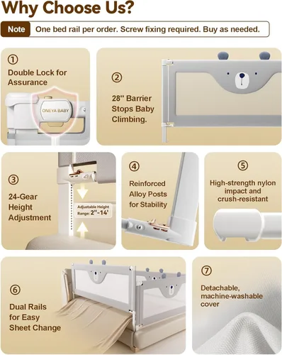 Miniatura 4 de Barandilla protectora para cama de bebé para niños pequeños, rieles reforzados de 54 pulgadas para cama completa con altura ajustable, barandilla