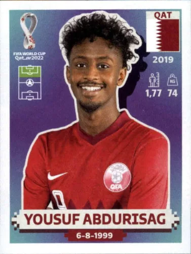 2022 Panini World Cup Soccer Sticker #QAT15 Yousuf Abdurisag Qatar Group A Official Qatar WC Album Sticker in Raw (NM or Better) - Measuring 2