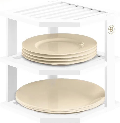 Miniatura 13 de Paquete de 2 organizadores de platos para gabinete, estante esquinero de bambú para almacenamiento de cocina o baño, estante que ahorra espacio