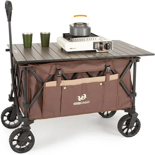 Whitsunday - Carro plegable para exteriores, resistente, para parque, playa, con mesa y bolsillo lateral para camping, deportes, compras, marrón