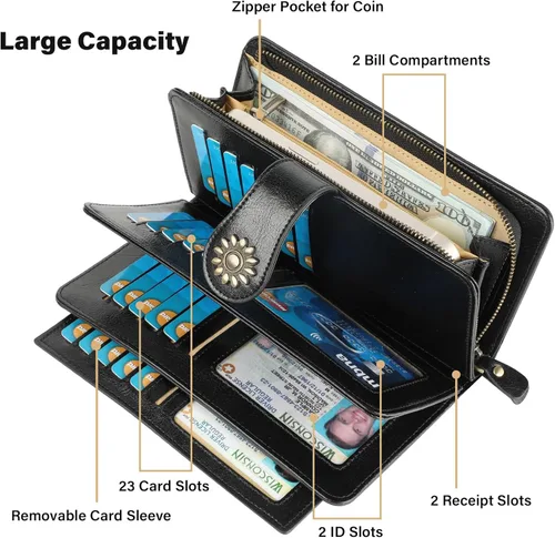 Miniatura 4 de Lavemi Carteras de cuero genuino de gran capacidad con bloqueo RFID para mujer, tarjetero con correa para la muñeca
