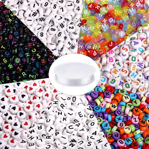 1900 piezas de cuentas redondas de letras de 7 colores, cuentas acrílicas de números y alfabeto con 1 rollo de cordón elástico de cristal para hacer