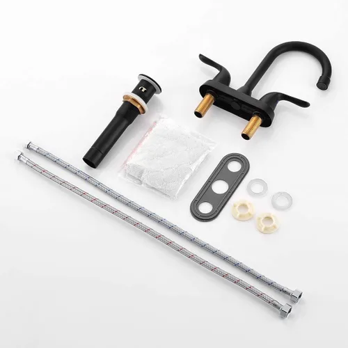 Miniatura 7 de Grifo de baño negro mate de dos asas, boquilla giratoria con montaje de drenaje emergente, arco alto, con mangueras de suministro de agua, fácil