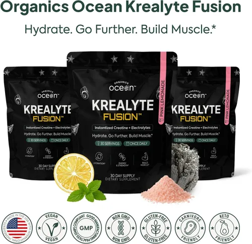 Miniatura 7 de Organics Ocean Krealyte Fusion - Monohidrato de creatina instantánea en polvo con electrolitos - Fuerza muscular, resistencia e hidratación