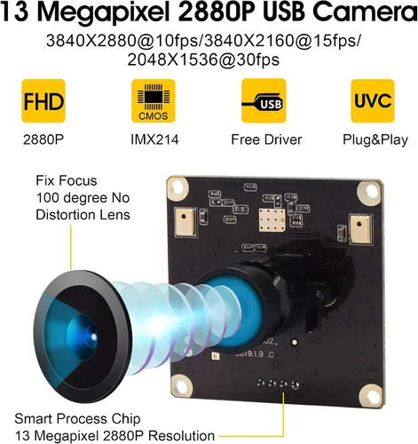 Miniatura 4 de Módulo de cámara USB de gran angular de 13 MP con micrófono para computadora 100 grados sin distorsión lente cámara web mini UVC USB2.0 PC cámara