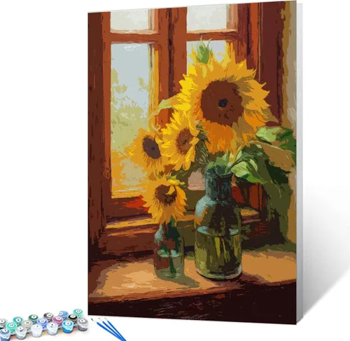 Tucocoo Jarrón de girasoles de pintura por números con pinceles y pigmento acrílico sobre lienzo para adultos, ventana rústica, proyecto de Artwork-1