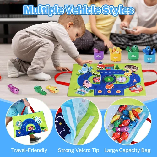Miniatura 6 de Goldge Juguetes Montessori 2 en 1 para niños de 1 año - Juego de pesca para niños pequeños con tazas apilables y autos abatibles, juguete