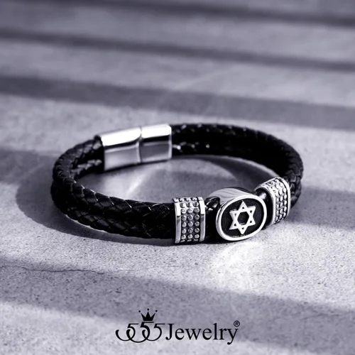 Miniatura 3 de 555Jewelry - Pulsera de piel trenzada de acero inoxidable con diseño de estrella de David para hombre
