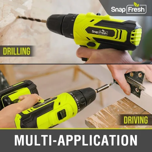Miniatura 4 de SnapFresh Juego de taladro inalámbrico de 20 V, taladro eléctrico de 3/8 pulgadas con 2 velocidades variables, ajuste de par 21+1, LED, 43 brocas