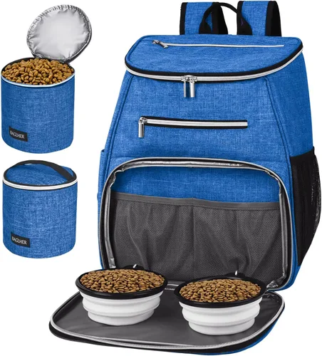 BAGLHER Mochila de viaje para perros, mochila de suministros para mascotas aprobada por aerolíneas, bolsa de viaje para perros con 2 cuencos Azul