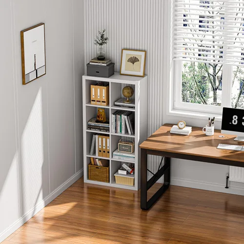 Miniatura 7 de Estantería con contenedor de almacenamiento, organizador de almacenamiento de 6 cubos, estantería abierta de madera moderna, estante de cubículos