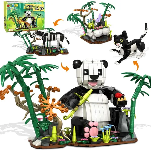 HiWEEGO Juego de construcción de animales salvajes 3 en 1 - Figuras de animales con 3 opciones de construcción Panda Gato Cebra, juguete de bloques