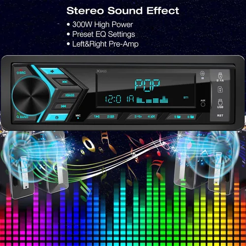 Miniatura 6 de Radio marina estéreo Bluetooth para automóvil: sistema de audio con pantalla LCD de un solo DIN - Reproductor de MP3 multimedia Indash con receptor