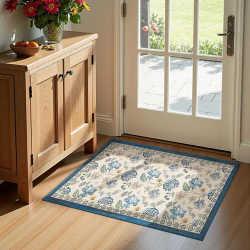 Miniatura 132 de Jinchan Fiora - Alfombra redonda de 8 pies, alfombras vintage con diseño floral envejecido, lavable a máquina, antideslizante, de pelo bajo, Azul
