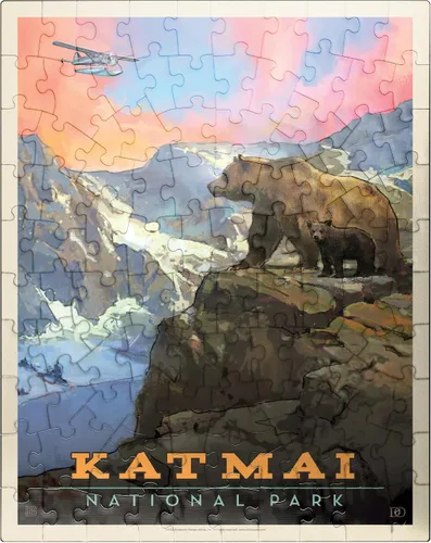MyPuzzle Katmai National Park: Mountain View, póster vintage, rompecabezas premium de 100 piezas para adultos