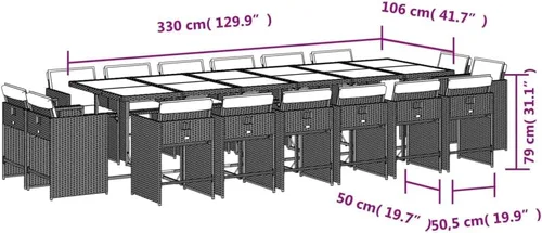 Miniatura 8 de 17-Piece Brown Poly Rattan Patio Dining Set with Cream White Cushions, Foldable Chairs and Tempered Glass Table for Outdoor Garden Backyard Patio