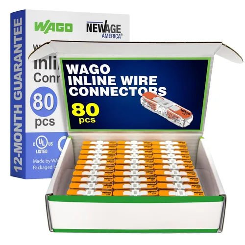 WAGO 221-2401 80 conectores de alambre de empalme compactos en línea, incluye 80 piezas 221-2401 (2 conductores), conectores de cable WAGO, empalme